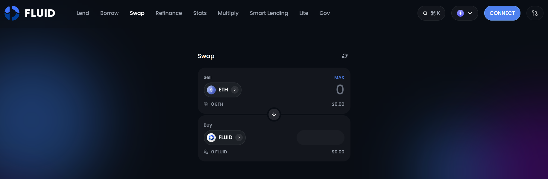 Giao diện swap trên dapp Fluid - The Block LAB