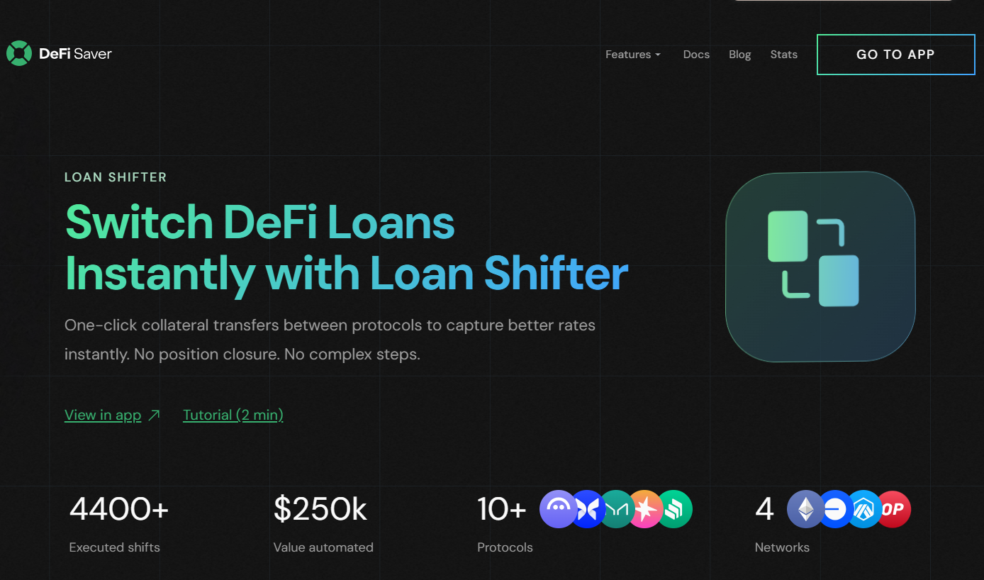 Giao diện chính website https://defisaver.com/features/loan-shifter - The Block LAB