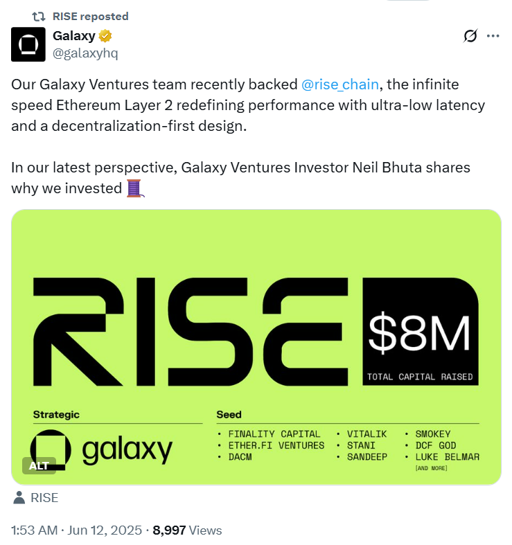 Tweet của Galaxy Ventures về strategic round của Rise chain - The BlocK LAB