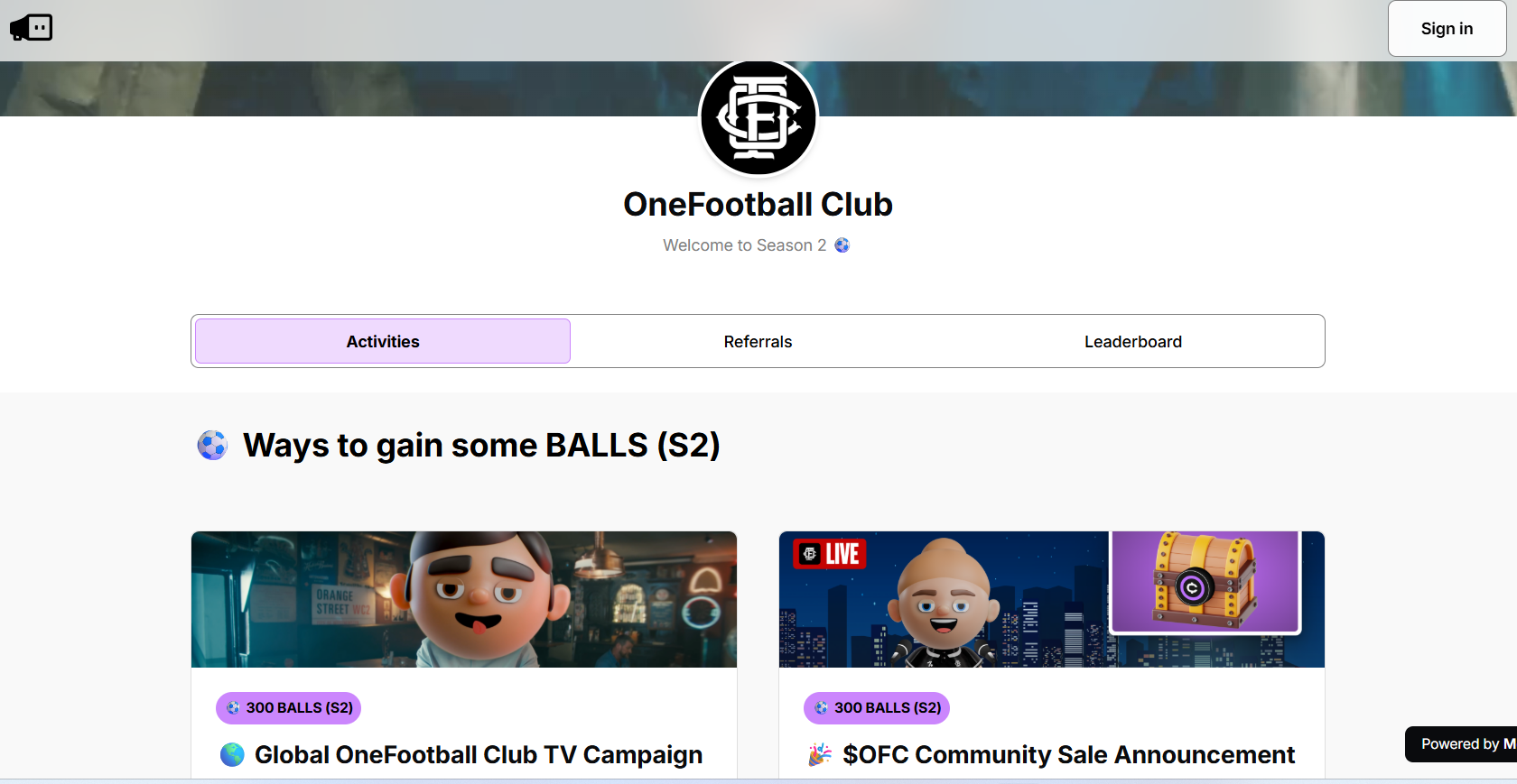 Giao diện airdrop trên website https://ofc.onefootball.com/s2/ - The Block LAB